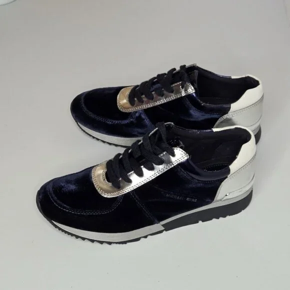 Michael Kors Allie Trainer Admiral Blue Velvet Silver Logo Sneaker Shoes Sz 7.5 - Picture 2 of 9